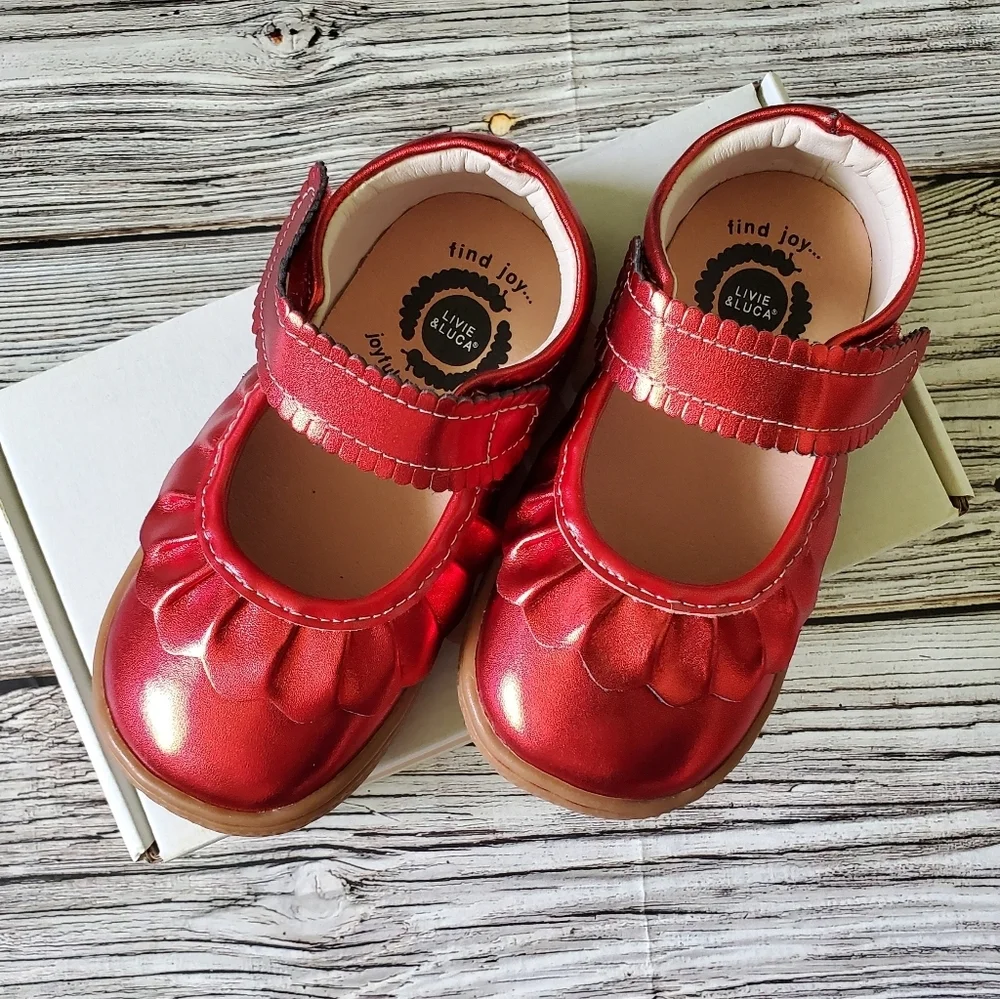 Livie and Luca Metallic Red Ruche Mary Jane Shoes New Without Box